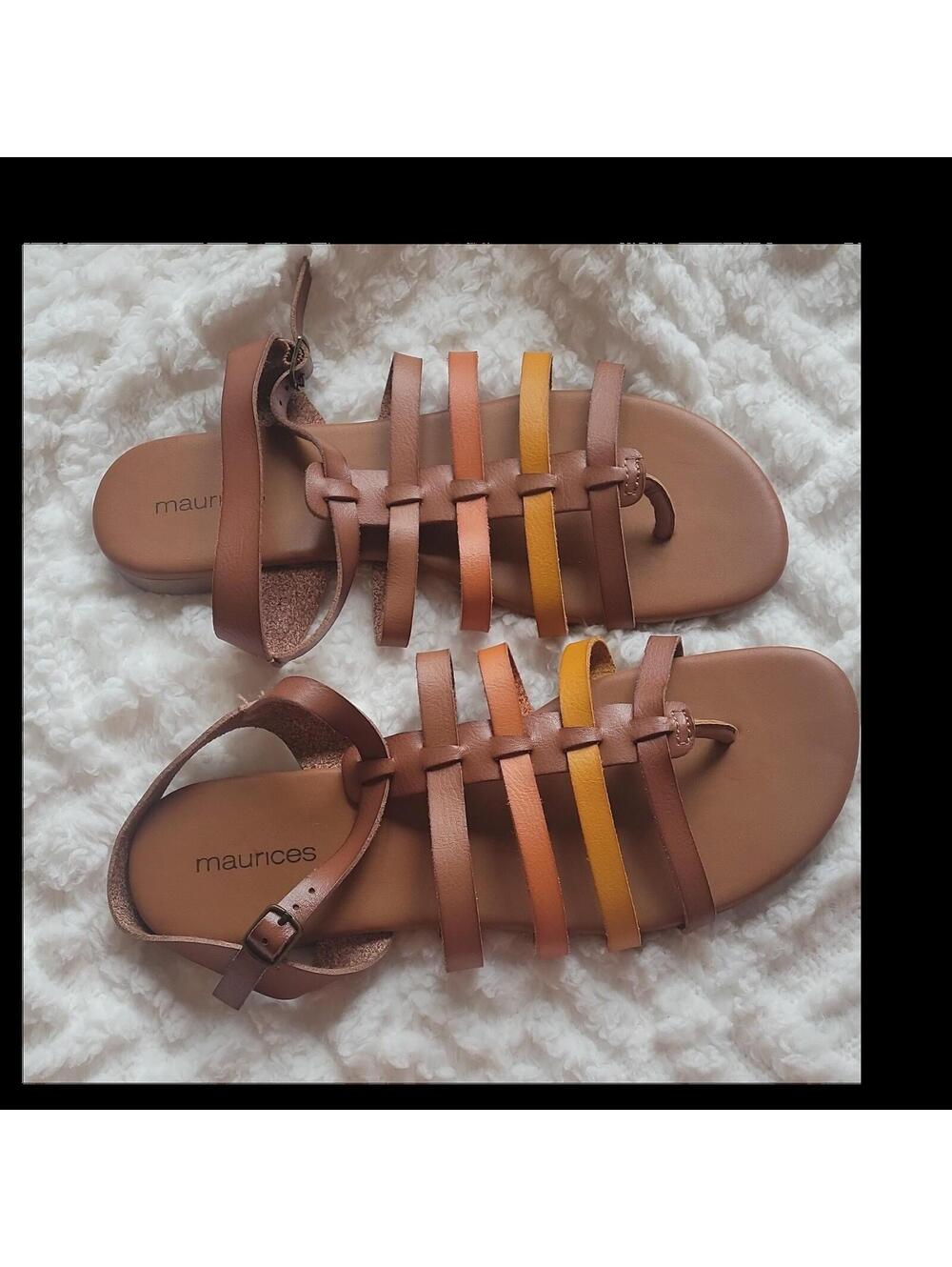 Maurices Women's Strappy Buckle Sandals Brown/Orange/Yellow Adjustable Size 8